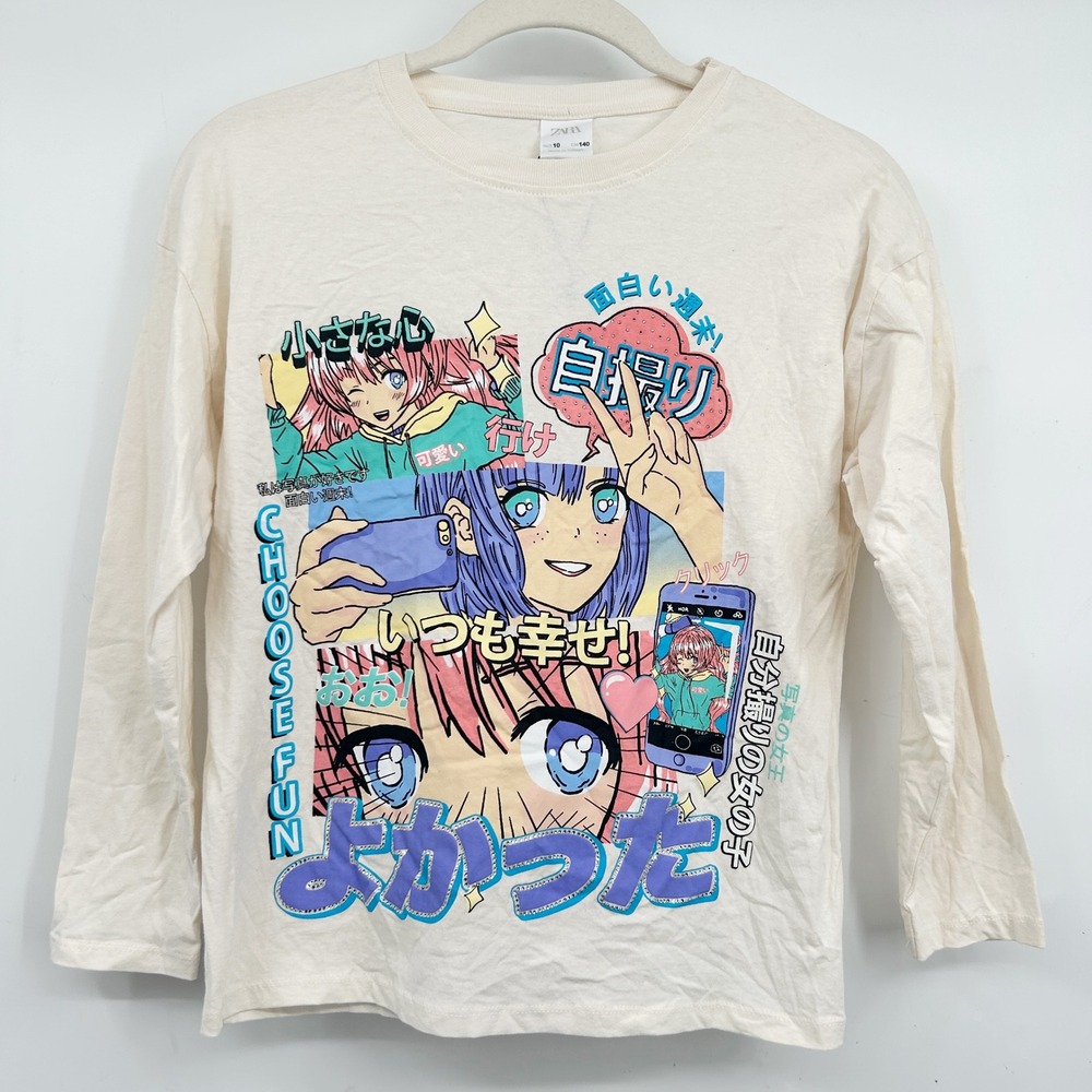 Zara‎ Kids Girls Cream Anime Manga Graphic Rhinestone Long Sleeve Top Size 10